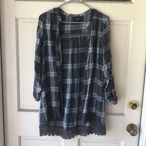 Plaid design lace trimmed blouse